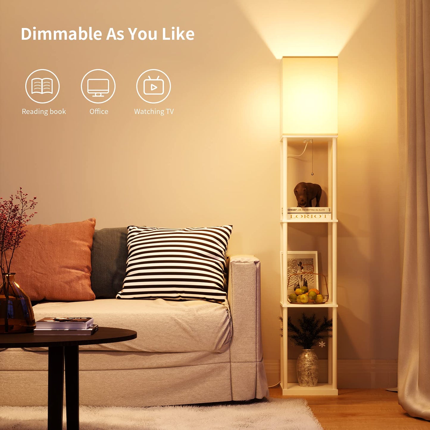 SUNMORY Shelf Floor Lamp with 3-Way Dimmable LED Bulb, Modern Wood Design, White Shade, Model L010401