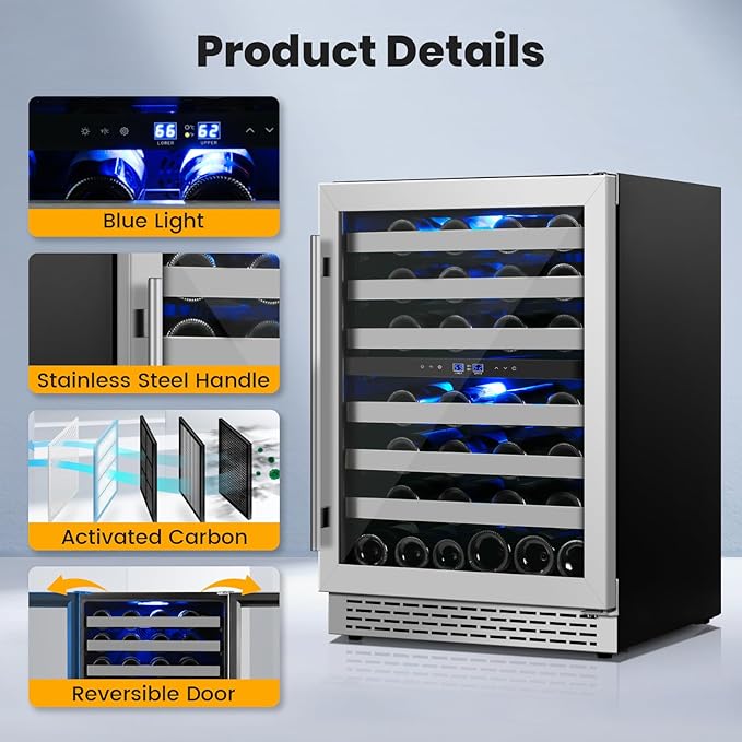 24 Inch Wine Cooler Refrigerator Under Counter,54 Bottle Dual Zone Wine Cooler,New Upgrade Built-in/Freestanding,Seamless Reversible Stainless Steel Door Wine Fridge for Home and Kitchen