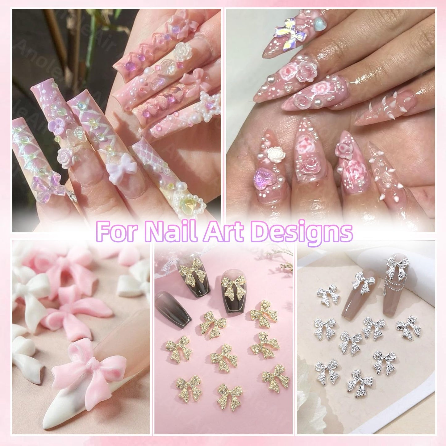Assorted Nail Charms Kit, 3D Nail Charms and Flatback Pearls Gems Set, Gold Silver Nail Bows, Flower Butterfly Bows 3D Asssorted
