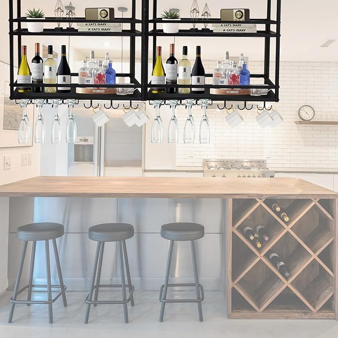 Ceiling Wine Glass Rack, Hanging Wine Display Shelf 2-Tier, Bar Liquor Storage Shelf for Bar Cafe Kitche, Metal Wine Bottle, Goblet Stemware Rack(Gold, 47.24x39.37x11.81in)