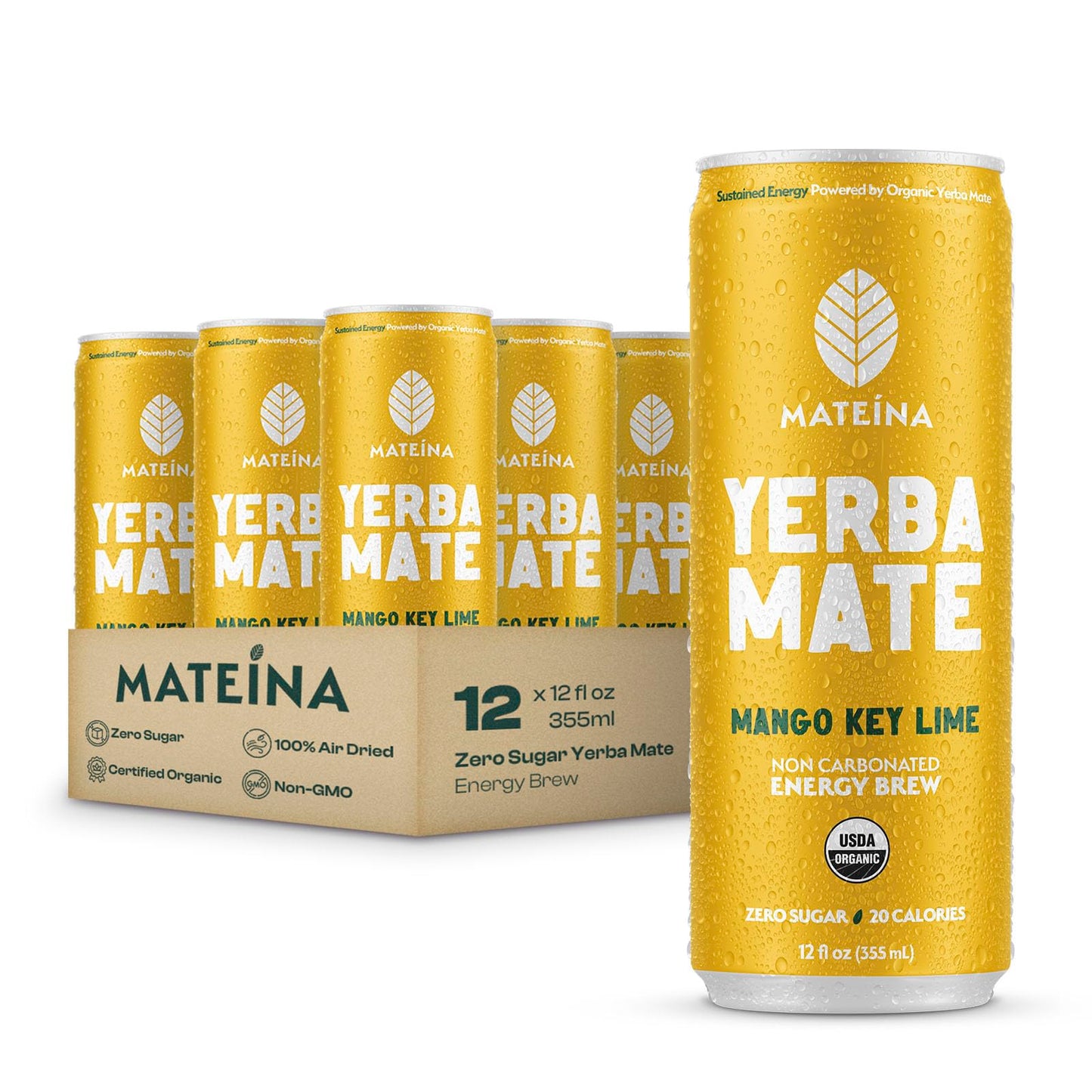 Mateina Yerba Mate Zero Sugar Energy Drink - 120mg Natural Caffeine - Organic Non-GMO Non-Carbonated - Dr. Andrew Huberman Recommended - 12 Pack (12oz Cans) (12 Pack Mango Key Lime)
