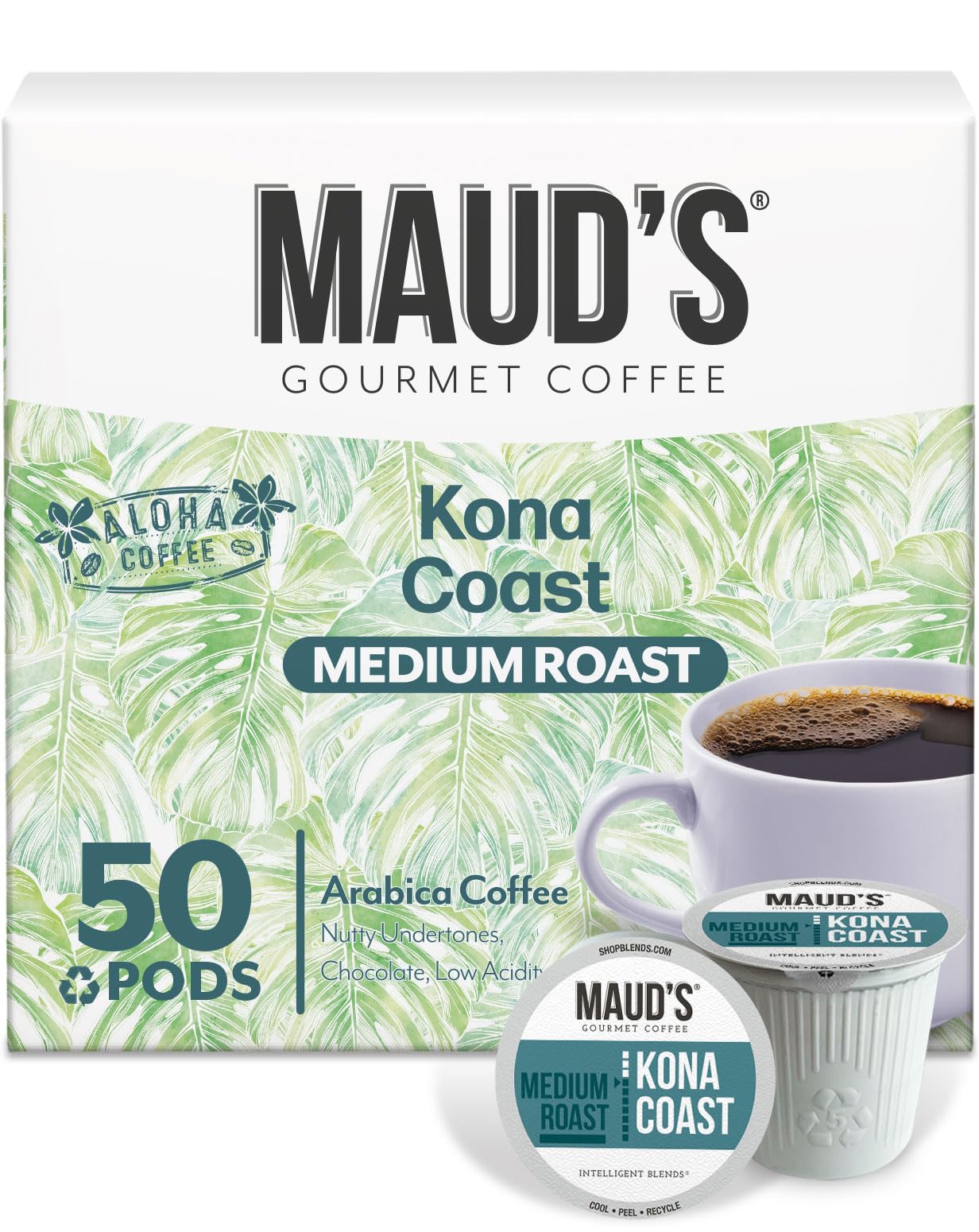 Mauds Kona Coffee Pods 50ct Medium Roast Coffee in Recyclable Single Serve Pods - 100% Arabica Coffee Compatible with Keurig K Cups Maker