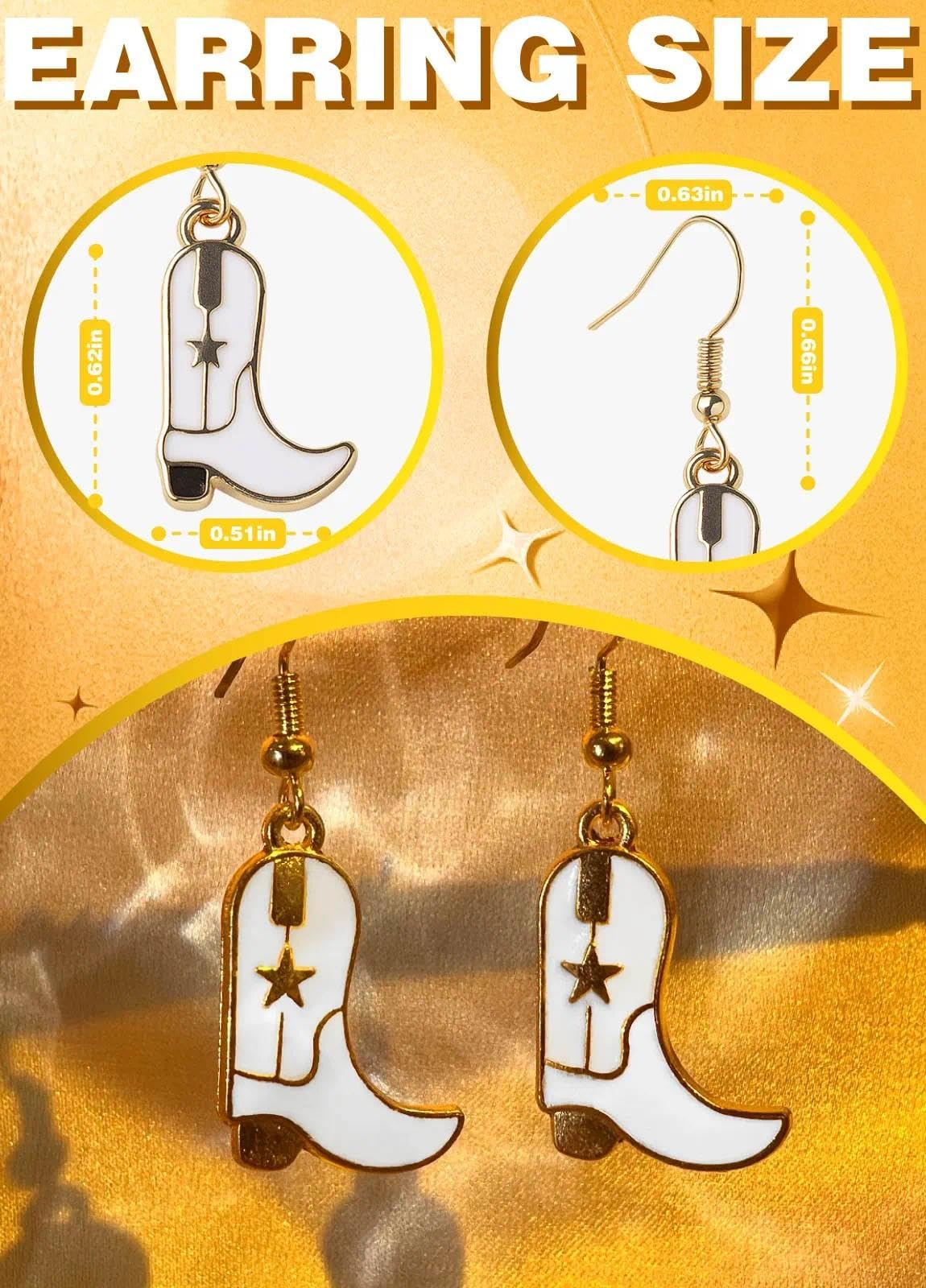 Western Cowgirl Boots Earrings White Women Costume Accessories - Enamel Dangle Drop Jewelry Cute Statement Cowboy Earrings for W