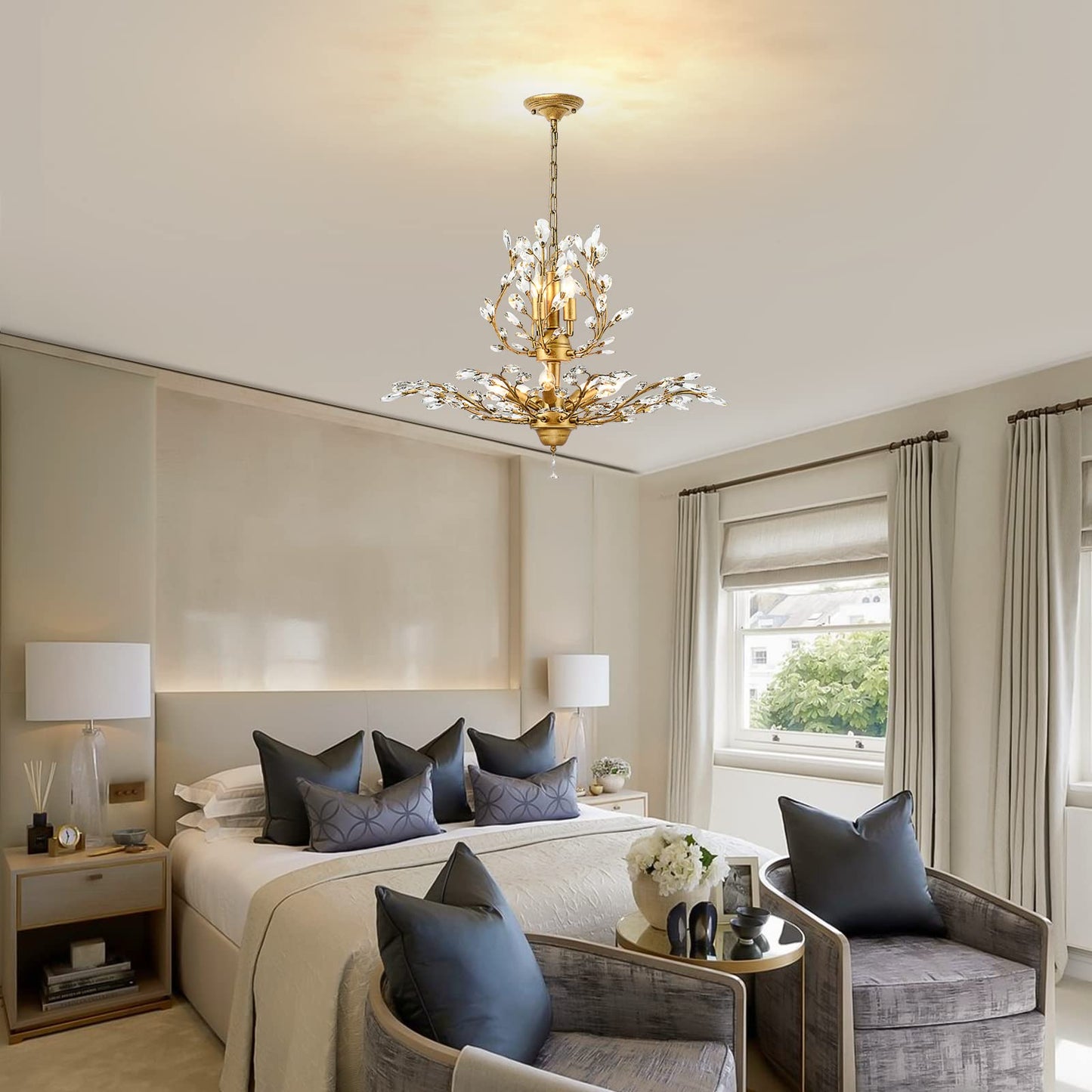 Ganeed Crystal Chandelier 8-Light Vintage Pendant Lighting Fixture Gold GLM-DD-8G