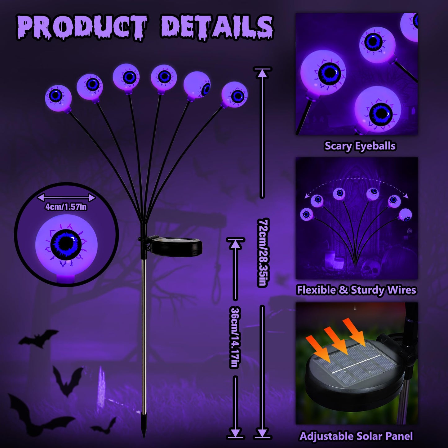 BrizLabs Halloween Eyeball Lights, 12 LED Solar Pathway Lights, 2 Pack, Purple, Outdoor Spooky Walkway Lighting