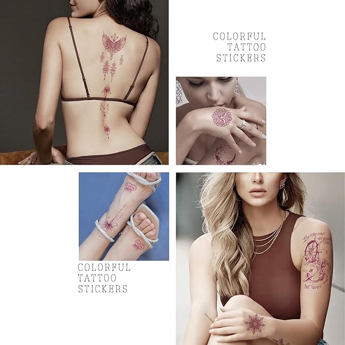 Feminine Pink Art Temporary Tattoos | Realistic Pink Purple Temporary Tattoos for Women, Floral Bird Moon & Symbol Fake Tattoo Stickers from Elegant to Edgy for Party Travel Daily Use