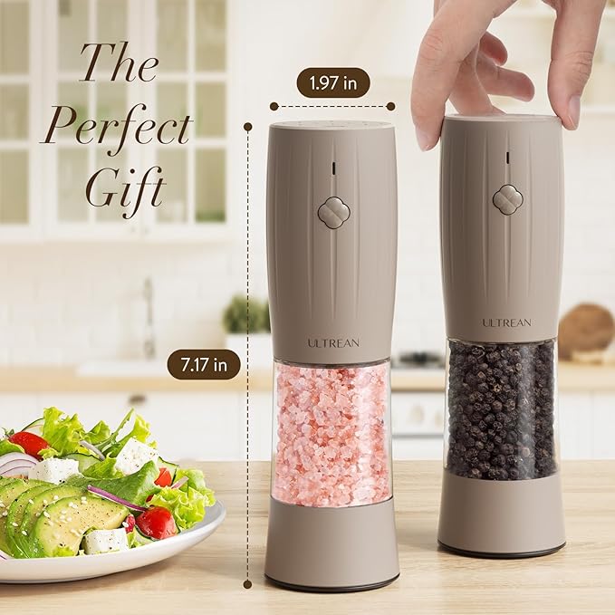 Ultrean Electric Salt and Pepper Grinder Set, Rechargeable Salt and Pepper Shakers, 6 Adjustable Coarseness, LED Light, Kitchen Gadget & Housewarming Gift, Brown