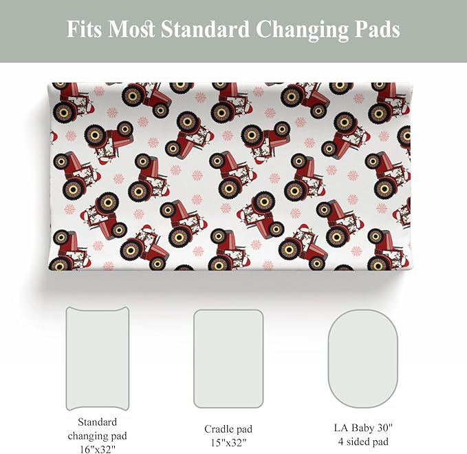 Red Tractors Snowflakes Baby Changing Pad Covers for Boy Girl Christmas Farm Tractor Harvest Fitted Change Table Cover Mats Farmhouse Trucks Vehicle Soft Diaper Changing Table Sheets 32''×16''