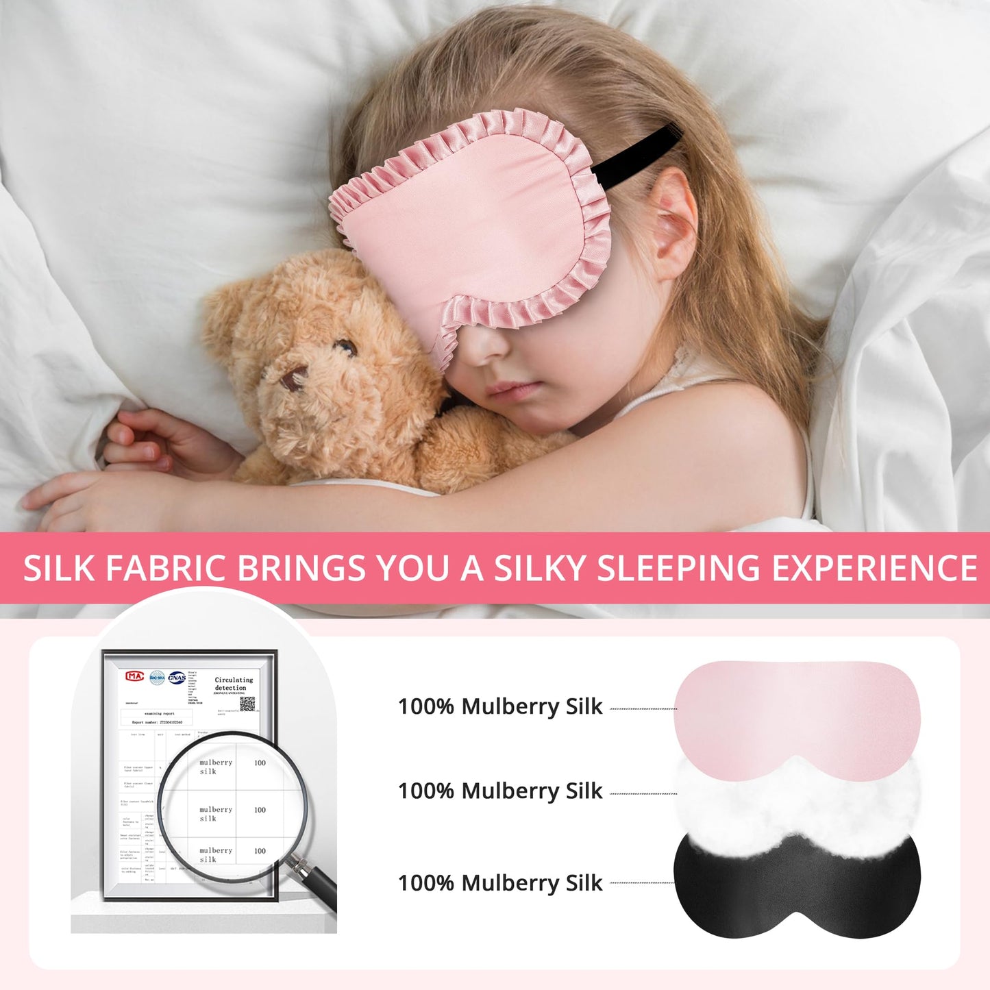 Kids Sleep Mask, 100% Real Mulberry Silk Eye Mask, Sleeping Mask for Kids with Adjustable Elastic Band, Soft & Light Blocking Eye Cover Gift for Boys Girls Teens Age 5+ (Pink)