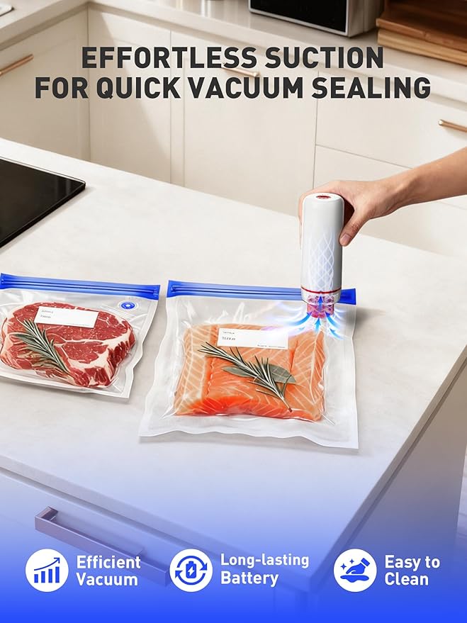 Portable Vacuum Sealer Set, Compact Handheld Vacuum Sealer Machine + 40 Pcs Reusable Vacuum Bags for Food Storage, Sous Vide Cooking, Freezer, Microwave Heating