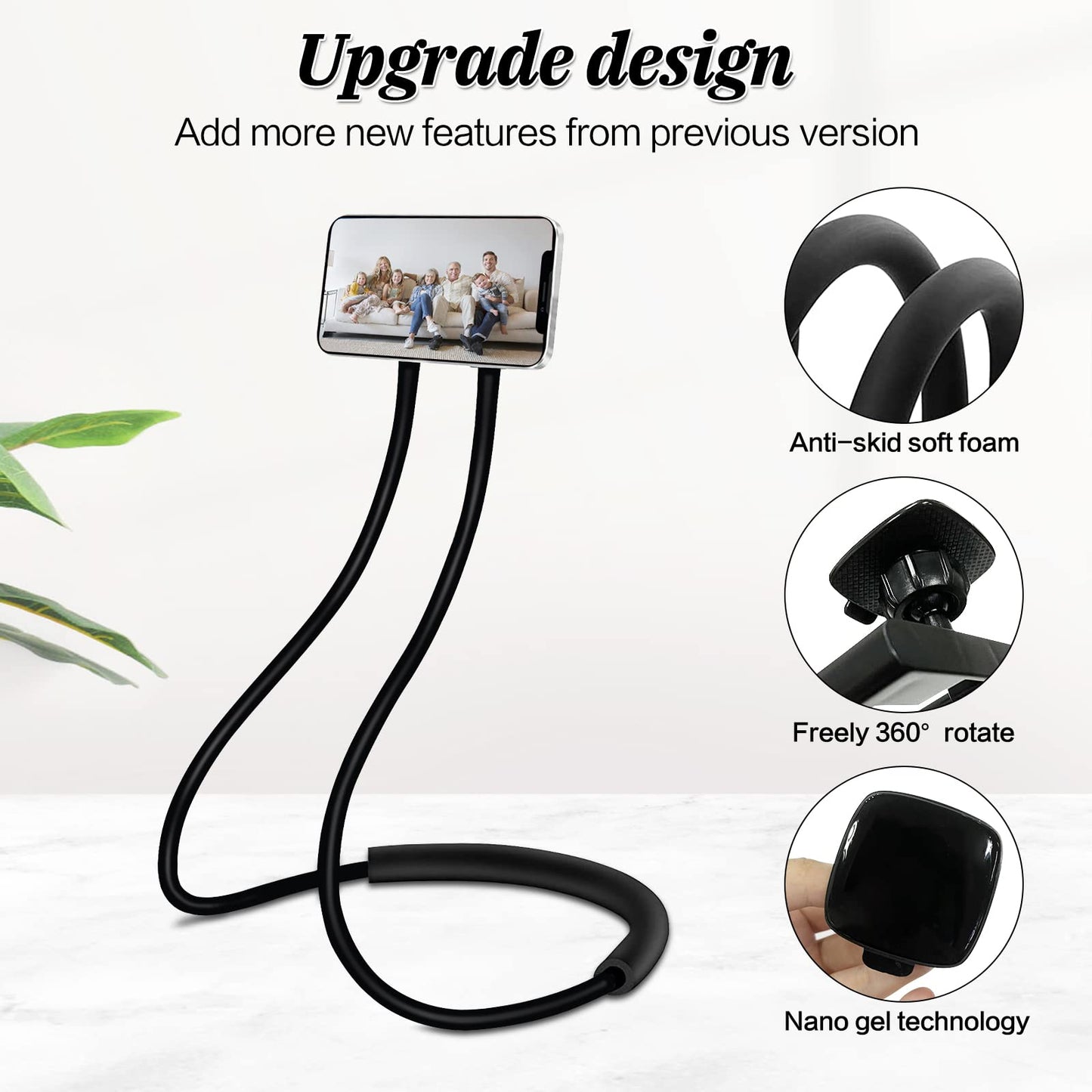ZC GEL 360° Rotation Gooseneck Phone Holder - Black, Rubber, Middle Size, Hands-Free for All Phones & Tablets