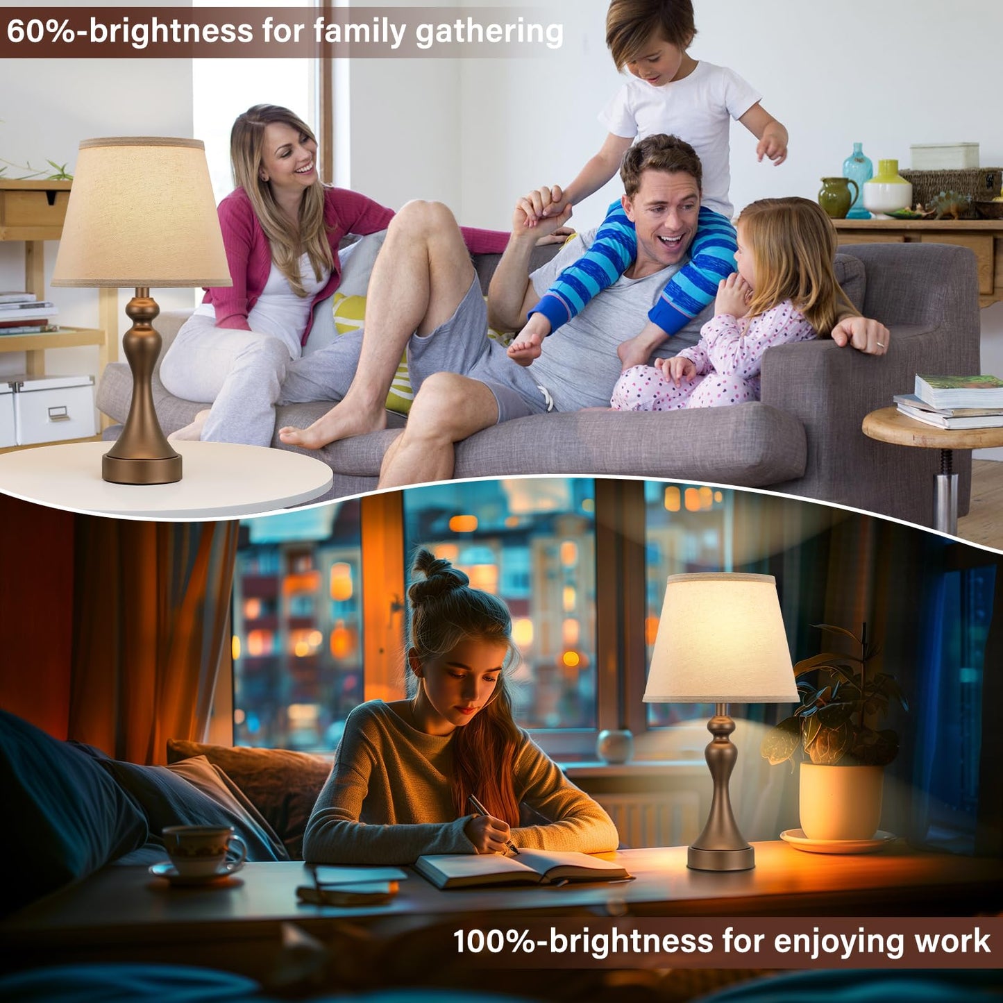 Seealle Touch Lamps Set of 2, 3 Way Dimmable, USB C+A, 9.5 x 9.5 x 19 inches, Brown & Oat Shade, Metal