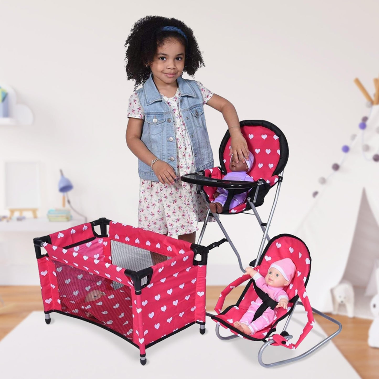 Mega Baby Doll Accessories Set, 3-1 Baby Doll Crib, Baby Doll High Chair & Bouncer Seat. 18 inch Doll Accessories with Doll Bed. 18" Dolls Furniture Play Stuff. Toys for Girls Ages 3-5,4-6,5-7,8-10