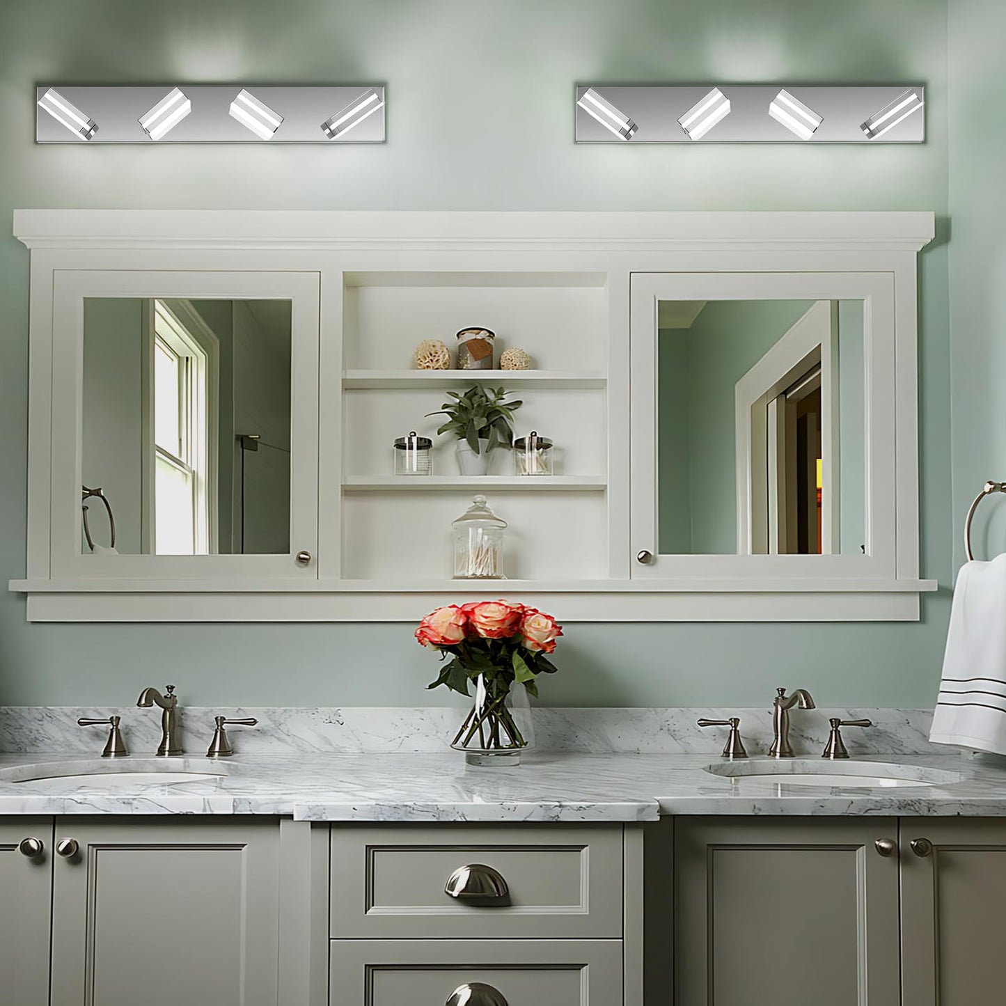 Jzekvn Modern Led Bathroom Lights Fixtures(4-Light) Stainless Steel Chrome Acrylic Wall Lighting Vanity Lights For Bathroom Over Mirror(6000K 27In