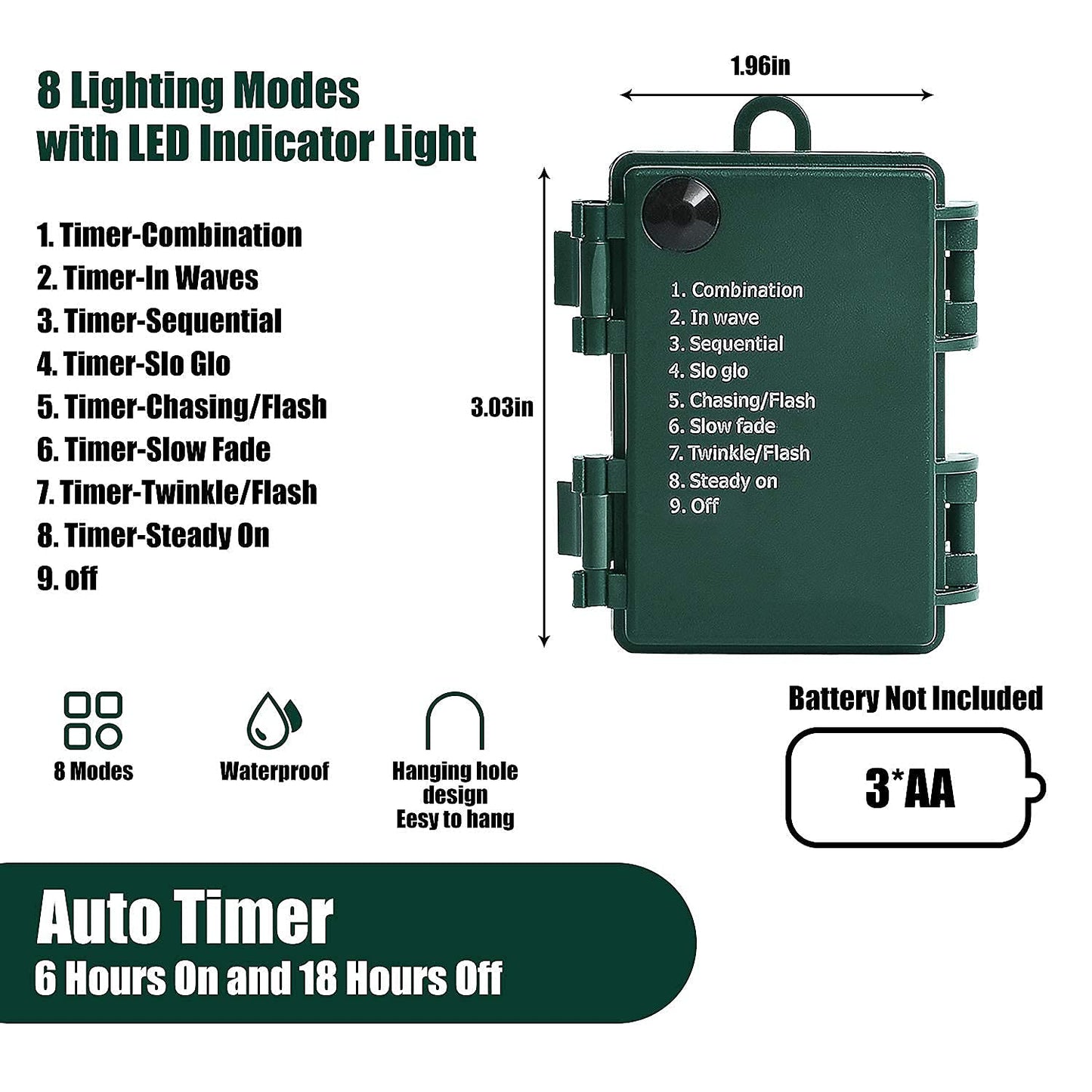 Mashang 50 Led Battery Operated String Lights, Warm White, Green Wire, 8 Modes, Waterproof For Indoor/Outdoor Xmas Decor
