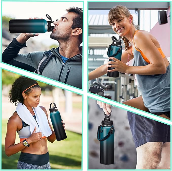 Vacuum Insulated Water Bottle 40oz - with Straw & Spout Lids, Paracord Handle, Shoulder Carrier Bag, Sport Stainless Steel , Double-wall Metal Water Bottle Thermo Hydro Mug Flask