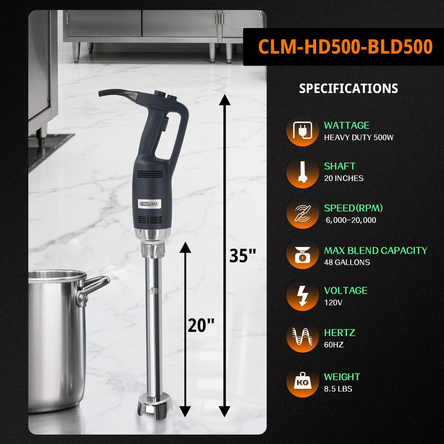 COOLUMA Commercial Immersion Blender, 500W Heavy Huty Hand Blender, With 20 Inch Detachable Shaft, 48 Gallons Capacity, Professional Industrial Grade Commercial Hand Mixer.