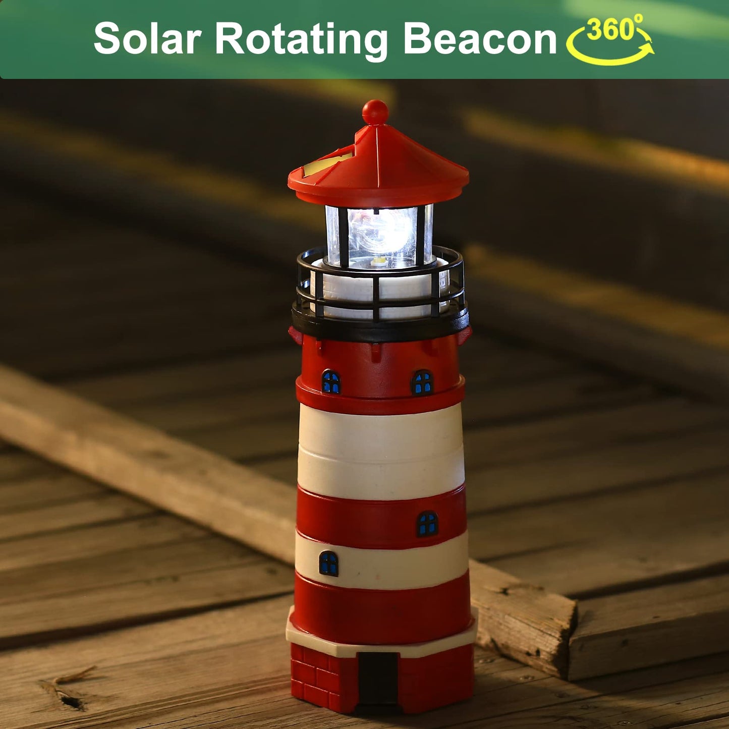 WDLFCGC Solar Lighthouse 12in Tall with Rotating Beacon, 360° Decoration, Model 3130A, Red
