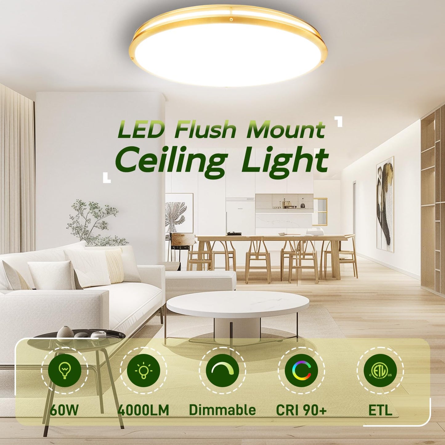 hykolity Oval LED Ceiling Light 32 Inch, 60W, 4000LM, Adjustable 2700K-5000K, Gold Finish, Dimmable, Model HBCE