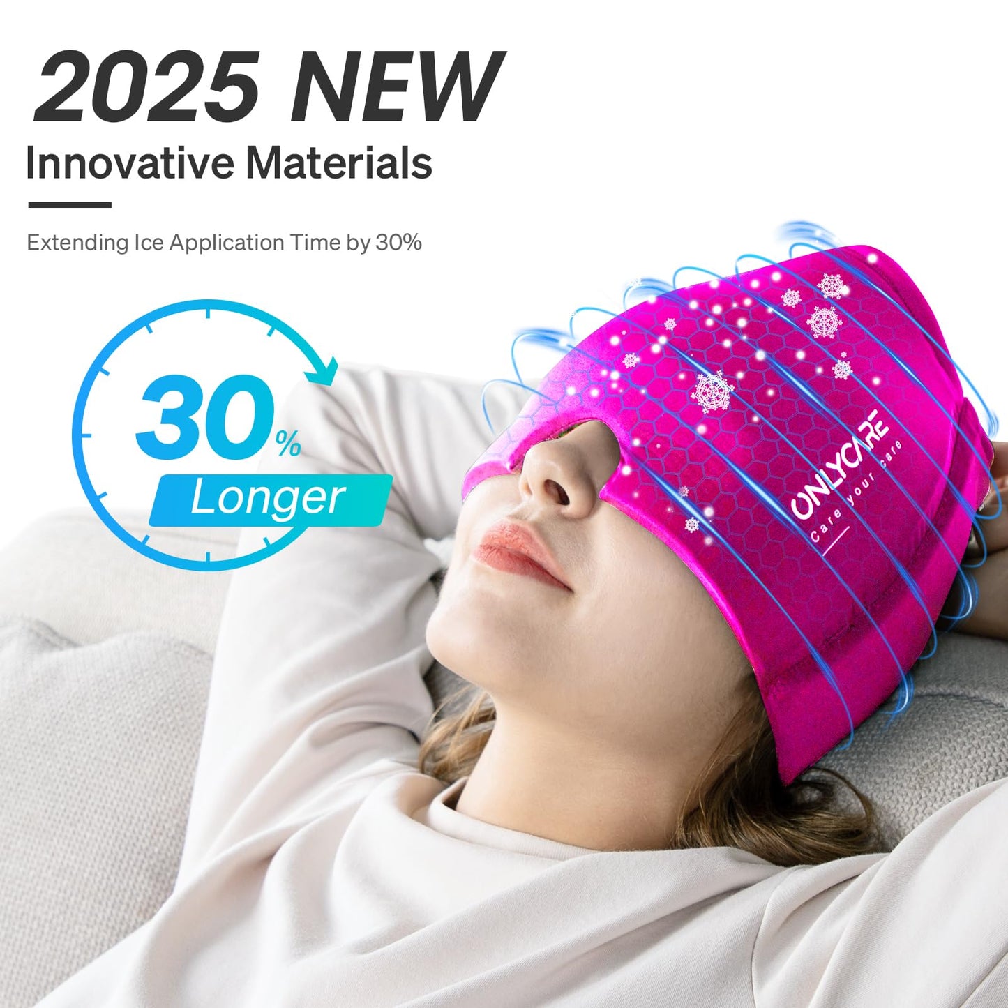 ONLYCARE Migraine Relief Cap, Soothing Migraine Mask, Upgraded Odorless Gel Ice Head Wrap, Hot and Cold Therapy, Headache Ice Pack for Tension, Stress, Hangover (Bright Pink)