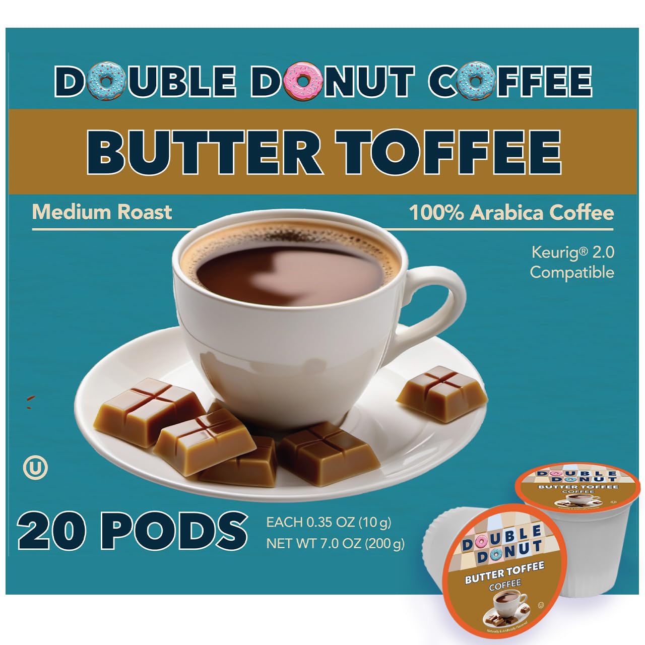 Double Donut Coffee Butter Toffee Flavored Coffee Pods Medium Roast Coffee compatible with Keurig K Cups malt-inspired 20 Count