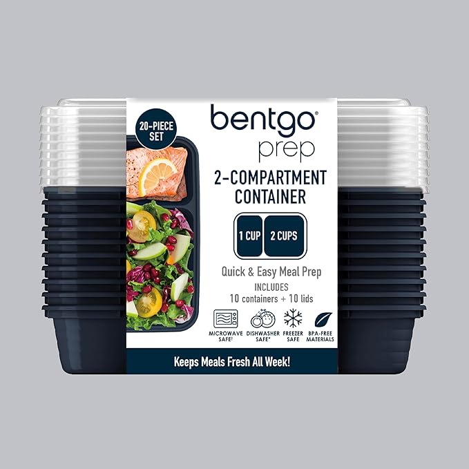Bentgo Prep - 20-Piece 2-Compartment Reusable Meal Prep Containers with Lids, PFAS & BPA Free Materials, Durable, Microwave, Freezer, & Dishwasher Safe To Go Food Storage (Navy Blue)