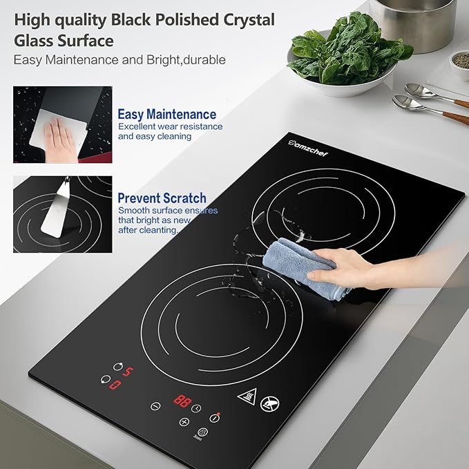 AMZCHEF Induction Cooktop 2 Burners, 12 Inch Bulit-in & Countertop Induction Stove with Plug 110V-120V, 9 Power Levels Electric Stove 1800W, Child Lock, Timer, Touch Control for Fast Cooking