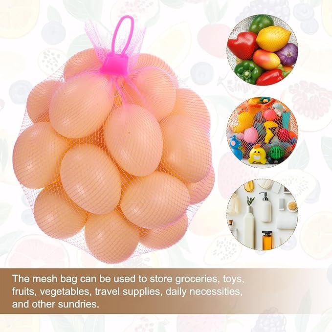 uxcell 100Pcs Reusable Produce Mesh Bags, 40cm Mesh Nylon Netting with Loop-Style Closures, Stretchable Egg Hatching Bags for Fruit Vegetable Storage, Pink