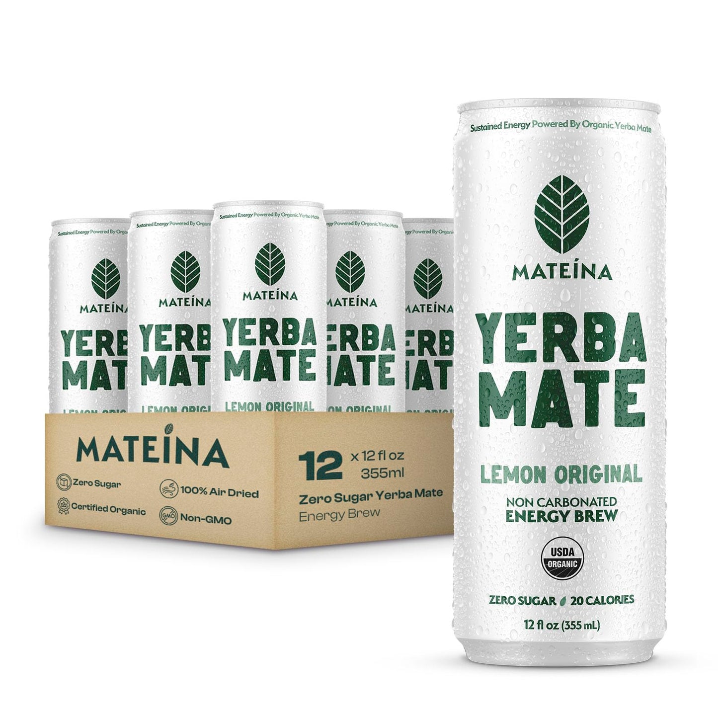Mateina Yerba Mate Zero Sugar Energy Drink - 120mg Natural Caffeine - Organic Non-GMO Non-Carbonated - Dr. Andrew Huberman Recommended - 12 Pack (12oz Cans) (12 Pack Lemon Original)