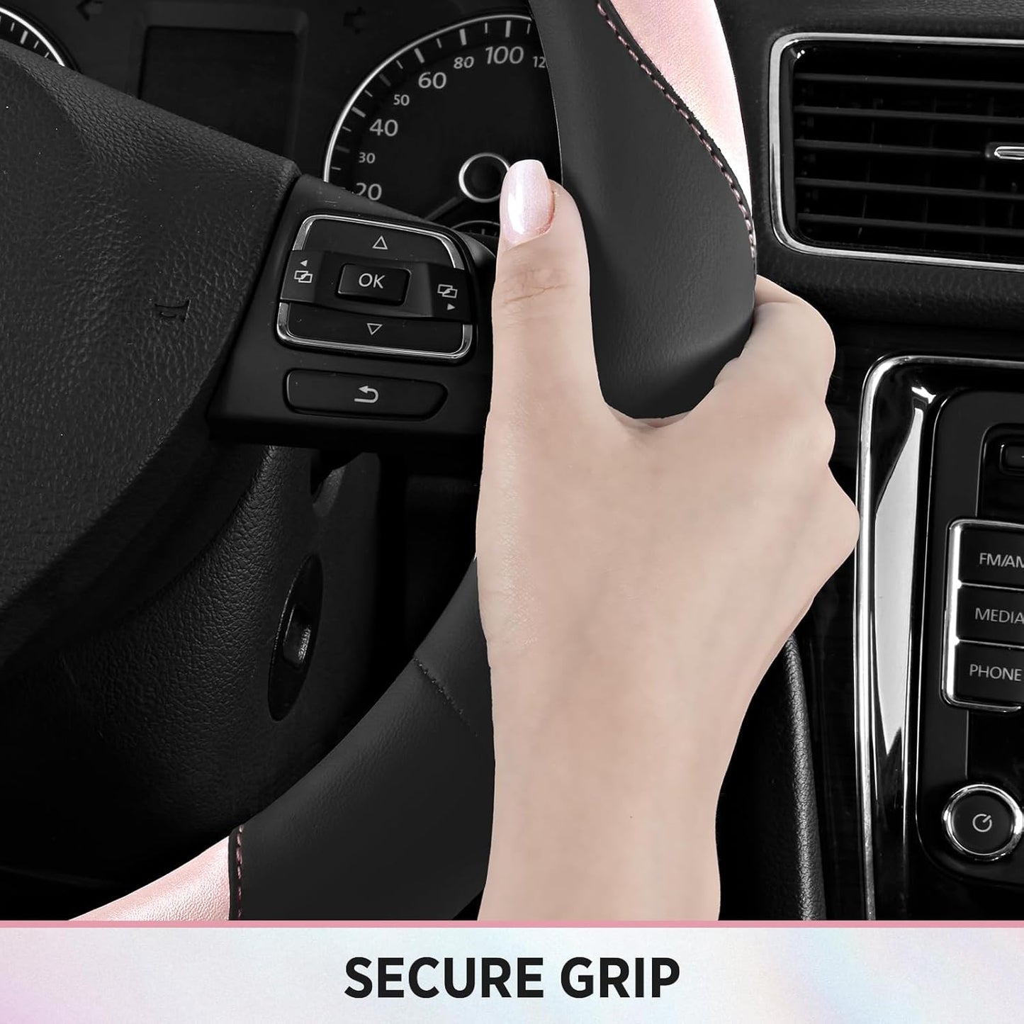 Road Comforts Steering Wheel Cover – Breathable Leather Steering Wheel Cover, Anti-Slip Grip, Universal Fit 14.5” to 15”, Heat & Cold Resistant for Cars, SUVs, and Trucks – Black & Shining Pink