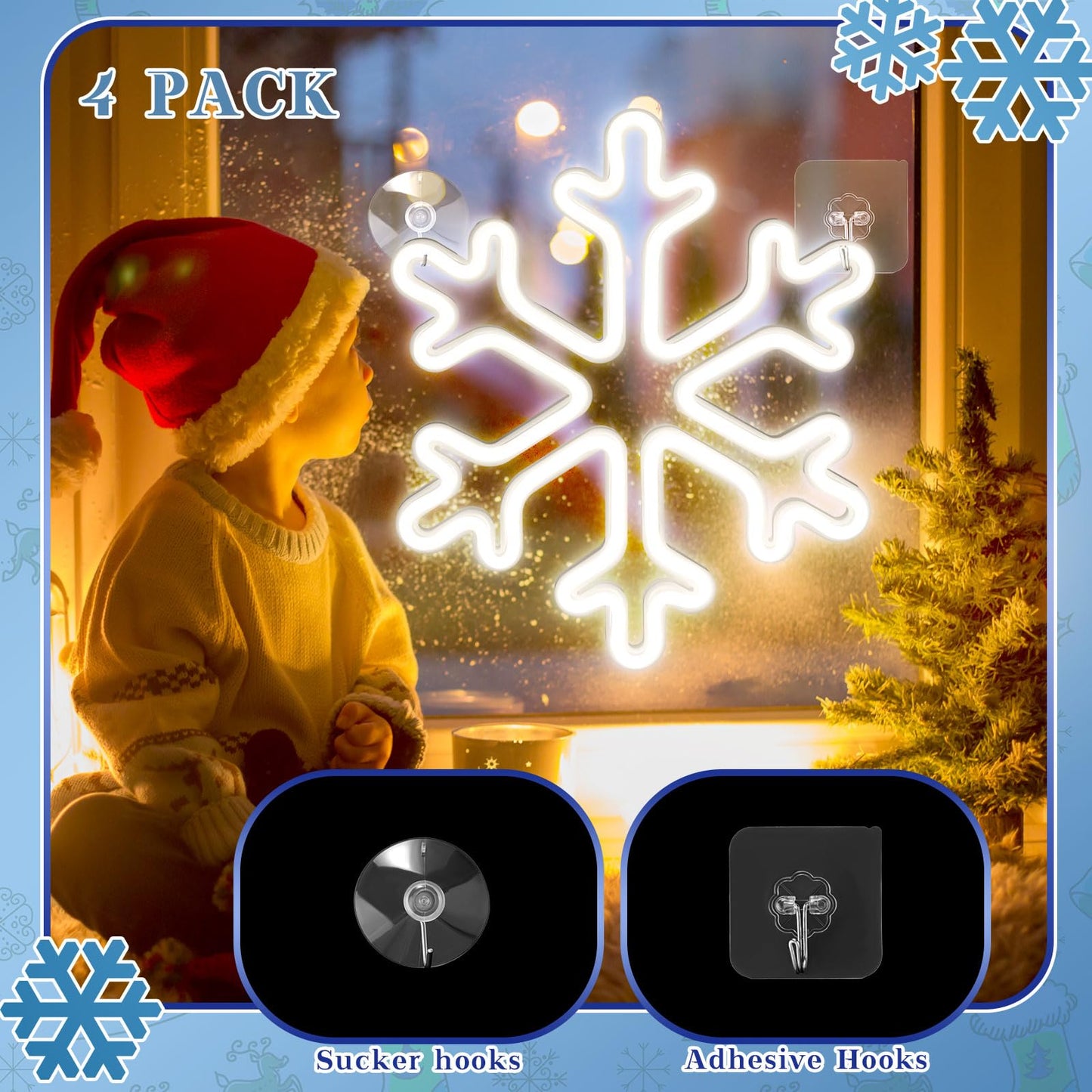 Vihose 4 Pcs Large Christmas Window Snowflake Lights 12 Inches Battery Powered Led Neon Hanging Lights Snowflake Shaped Sign Decorations For Xmas Tree Holiday Wall Porch Indoor Outdoor Decor