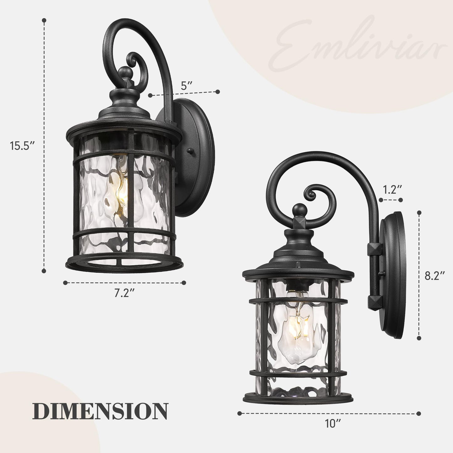 Emliviar Farmhouse Outdoor Light Fixture 15.5 Exterior Lighting Fixtures With Water Ripple Glass Die-Casting Aluminum In Black Finish Xe229B-Wg Bk