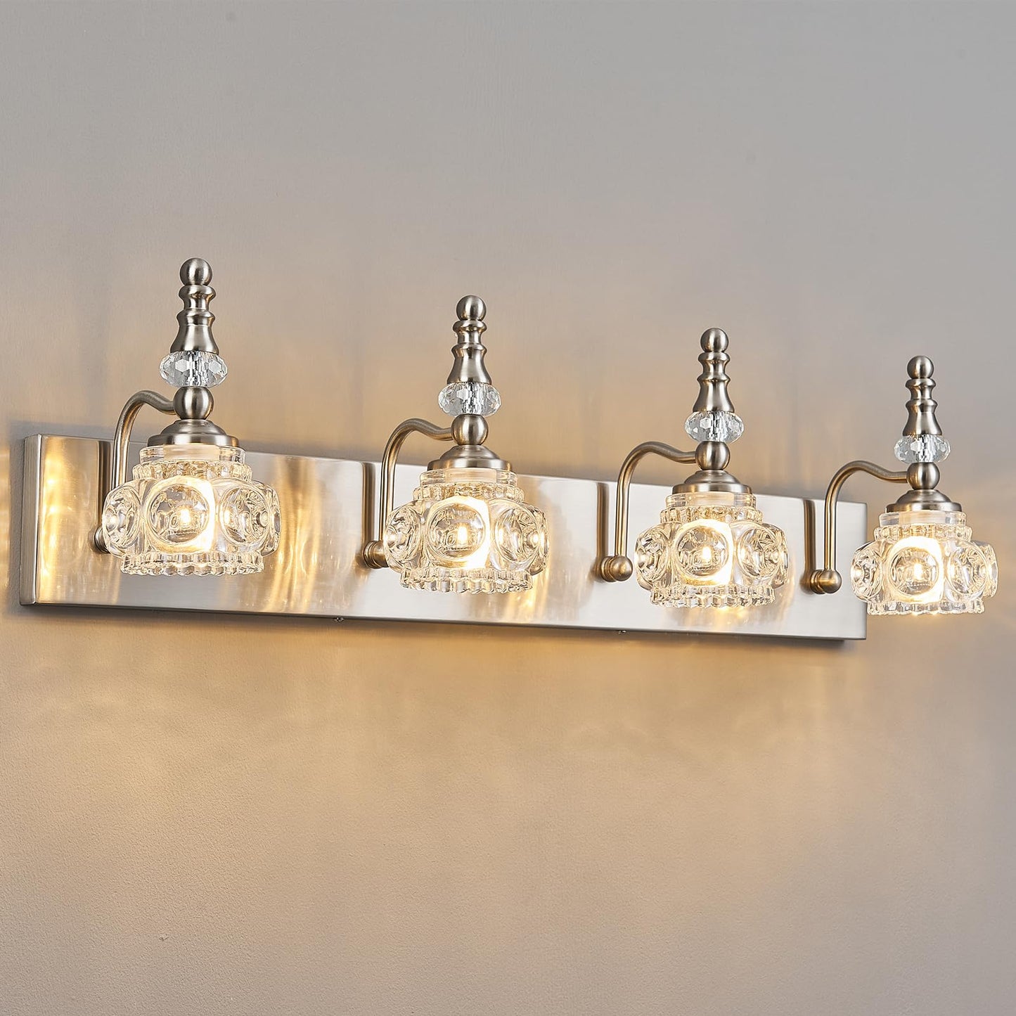 Lbsqj Modern Glass Crystal Vanity Light - Vintage Bathroom Lighting Fixtures Over Mirror 4 Light Vanity Lights G9 Bulb (27.55 Inch Nickel)