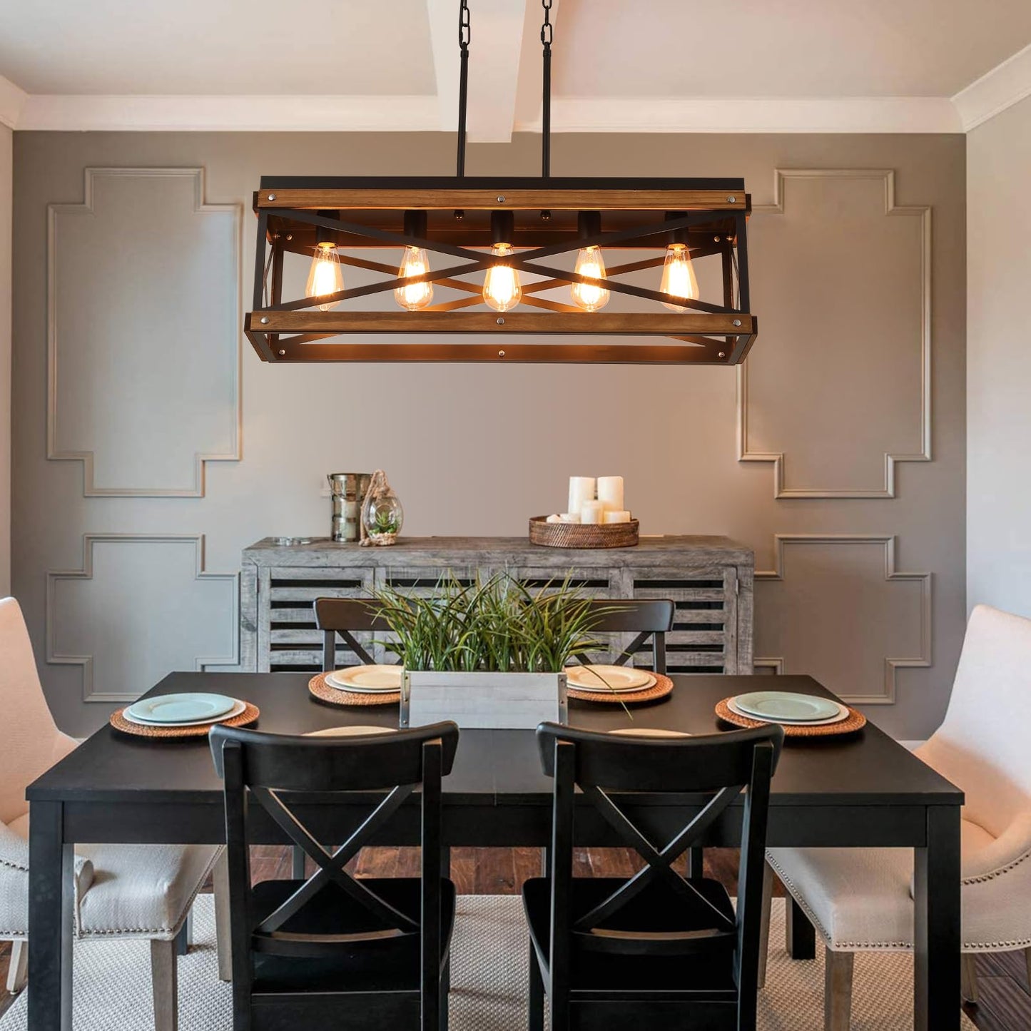 Rustic Farmhouse Wood Kitchen Island Lighting 5 Lights Rectangular Pendant Light Fixture Adjustable Chain Oak Wood And Metal Linear Chandelier For Dining Room Kitchen Island Farmhouse Black
