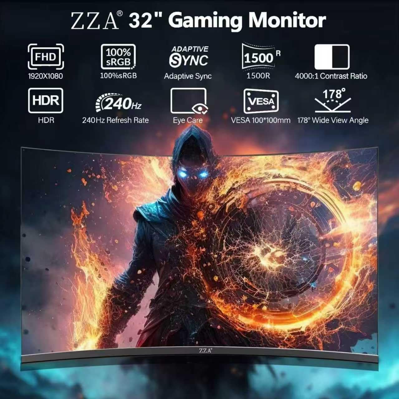 ZZA 32 Inch Curved Gaming Monitor 240Hz Curved Monitor Computer Monitor-HDMI DP USB Headphone Ports,1080p 1K FHD Ultra Slim Curved Screen with Wide Angle,High Refresh Rate Immersive PS5 Xbox PC Gaming