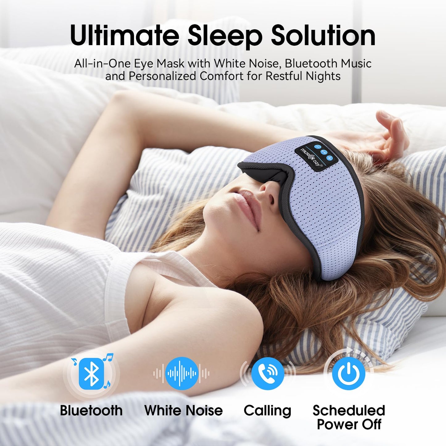MUSICOZY White Noise Sleep Mask Headphones with 16 Soothing Sounds, Bluetooth Sleep Mask 3D Wireless Music Sleeping Headphones for Side Sleeper