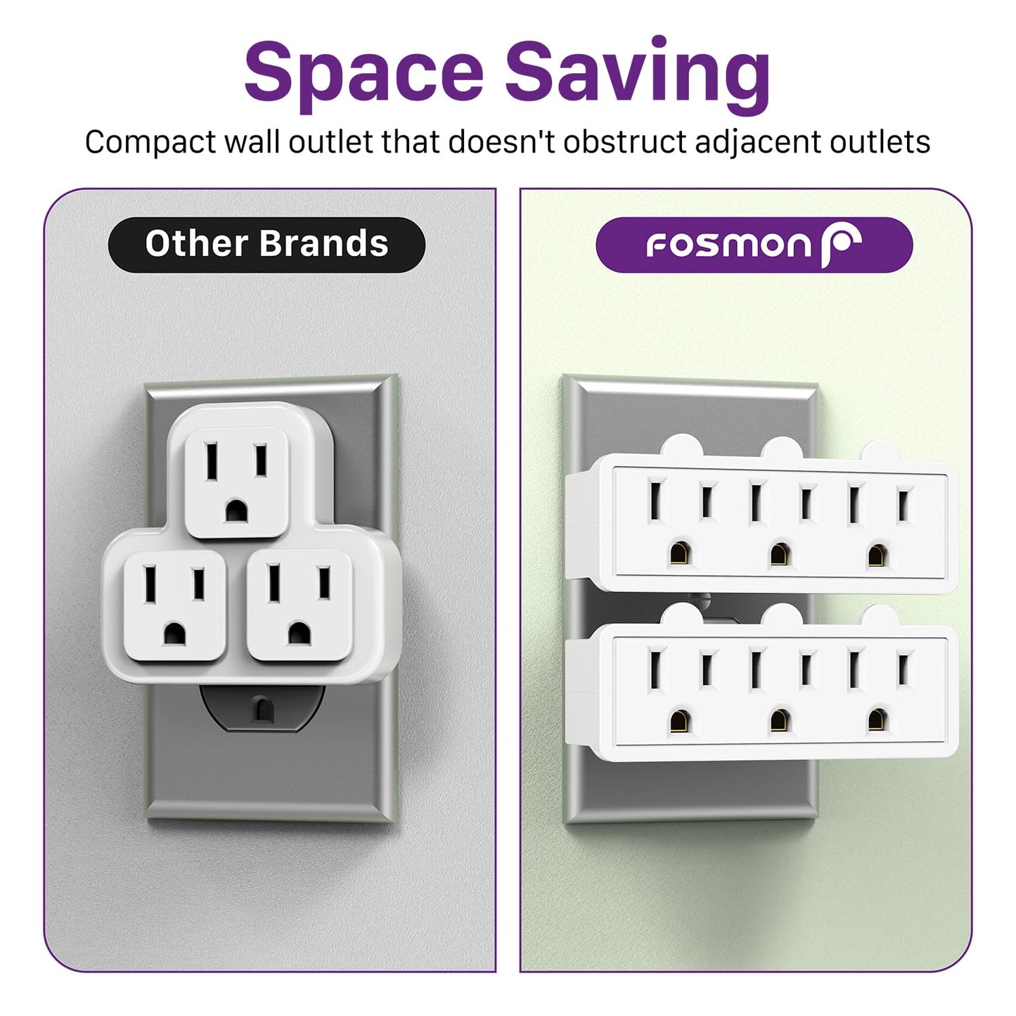 Fosmon 3 Outlet Adapter, 3 Way Rotating Outlet Plug Adapter, Swivel Plug Outlet 90 Degree Right Angle Plug Adapter, Three Way Ro