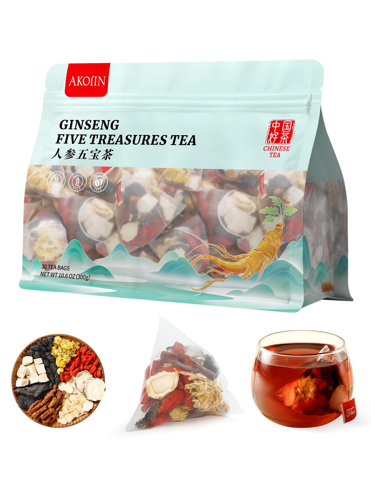 Ginseng Five Treasures Tea - 30 Bags Caffeine-Free Pure Herbal Blend with 8 Traditional Chinese Herbs Kidney Tea Gentle Energy & Focus for Men and Women