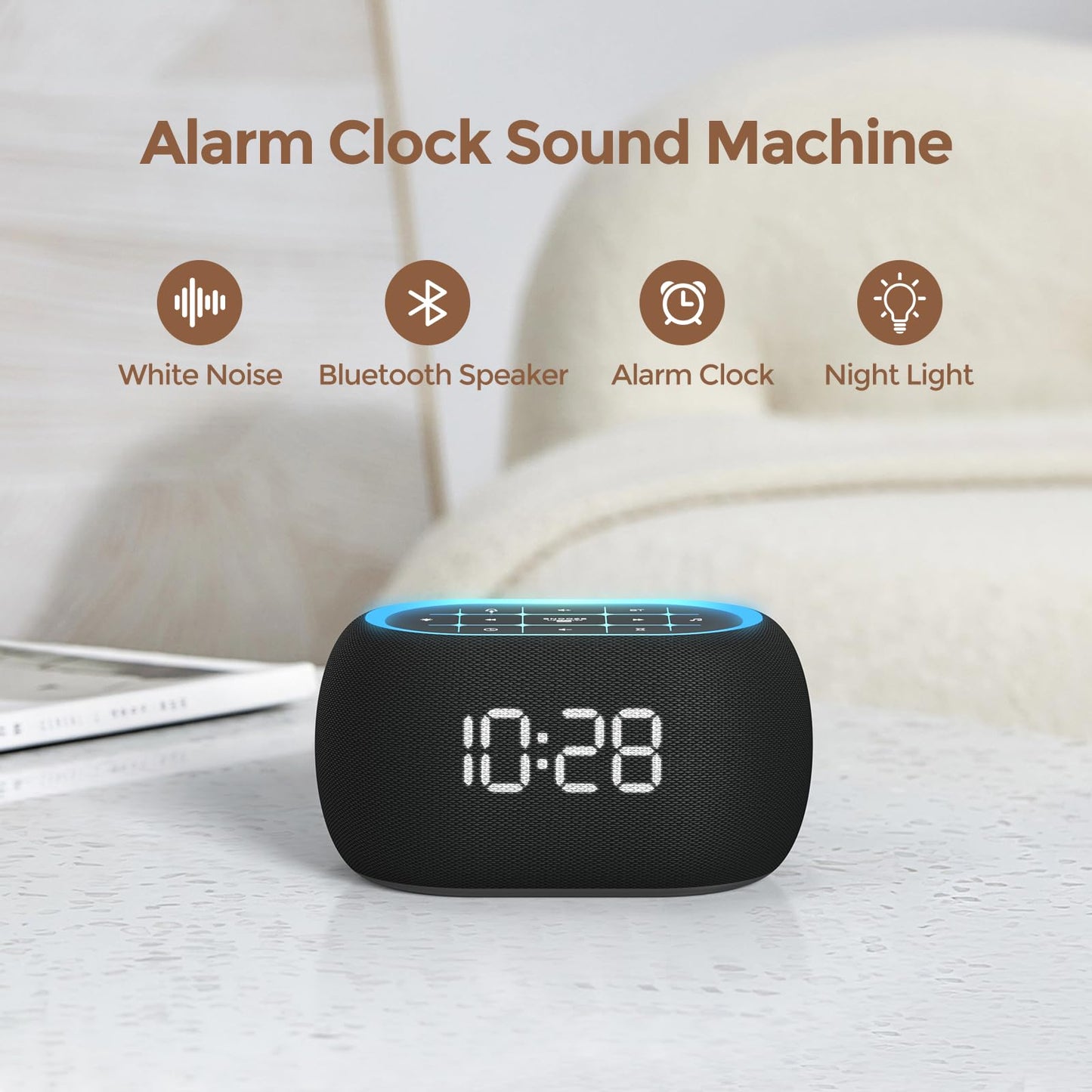 ANJANK Alarm Clock White Noise Sound Machine with Bluetooth Speaker, 21 Soothing Sounds, 7 Night Lights, 0-100% Dimmer/Sleep Timer/Volume Control, Small Design for Kids Adults Sleeping,Bedroom (Black)