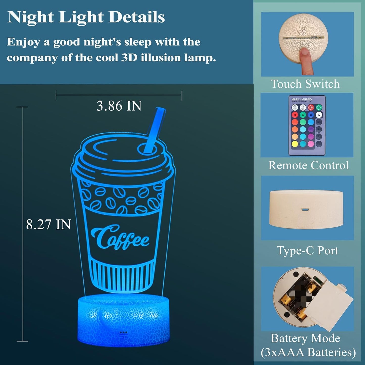 Coffee Gift, Coffee Cup Decor, 3D Illusion Night Light Lamp, 16 Colors Changing, Remote Control, Dimmable, Cafe Shop Room Decoration