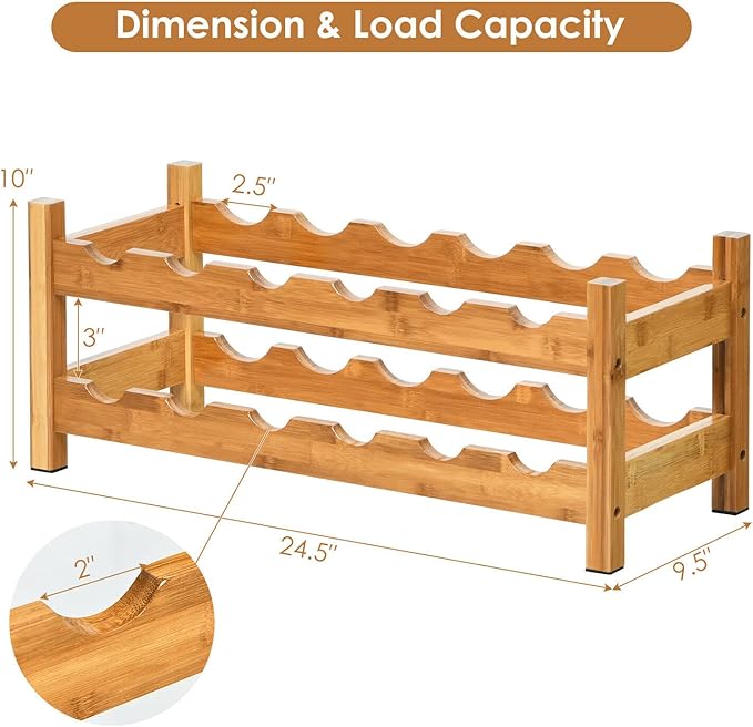 HAPPYGRILL Wine Rack, Free Standing 12 Bottles 2-Tier Wine Display Rack, Bamboo Wine Storage Rack Countertop, Natural Wine Bottle Holder Shelf for Bar, Home, Kitchen, Pantry