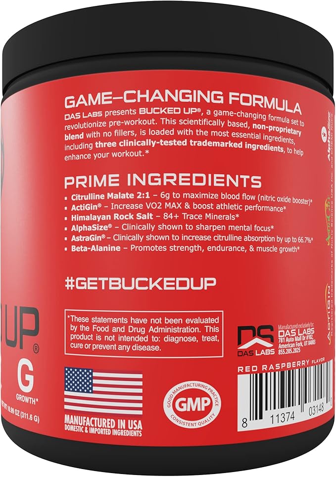Bucked Up Pre Workout 6 Grams Citrulline, 2 Grams Beta Alanine, and 3 Other Registered trademarked Ingredients (Red Raz)