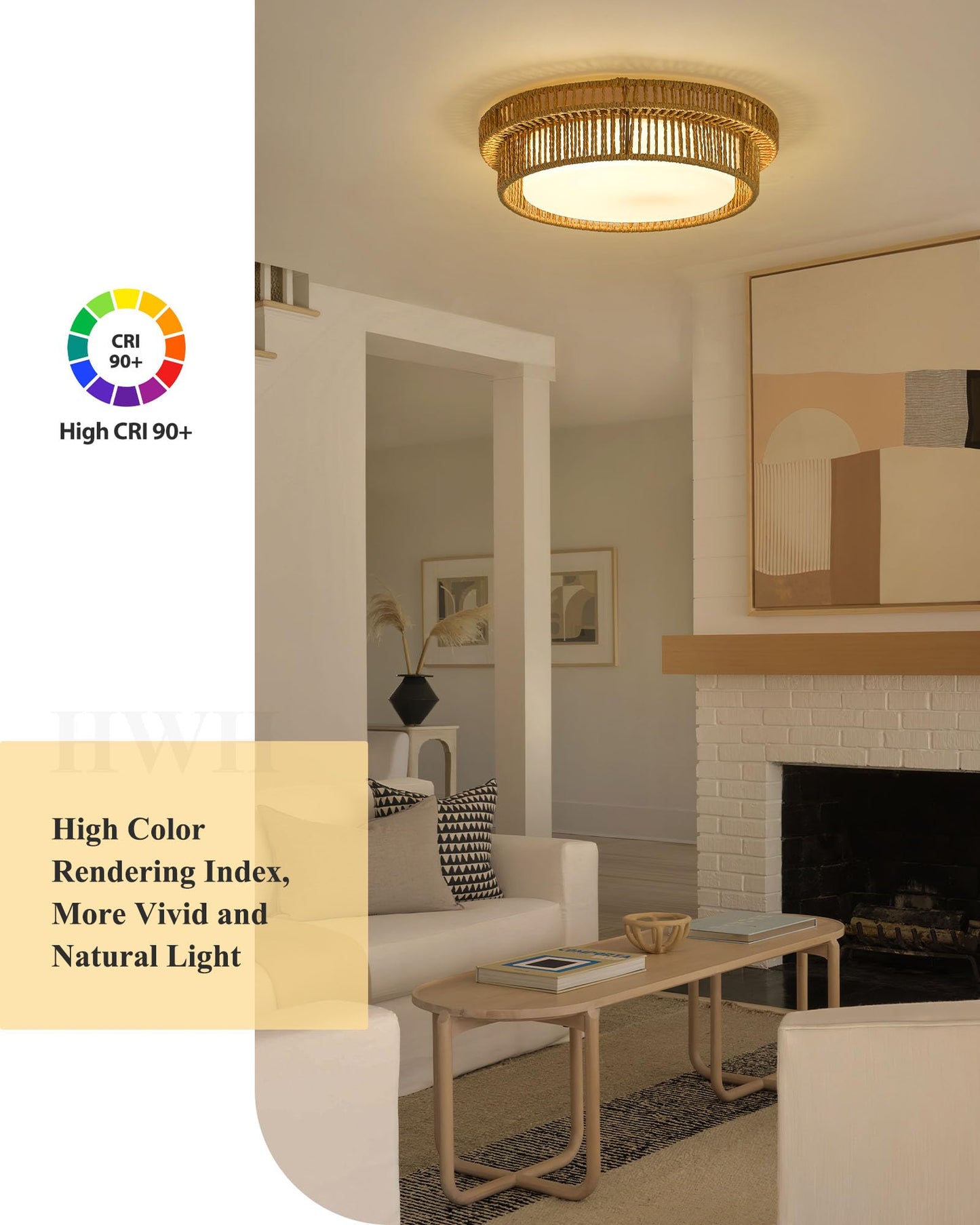 HWH INVESTMENT Boho Ceiling Light Fixture, 18in Rattan, Remote Control, 36W LED, Beige, Model 5HYS78LF-LED