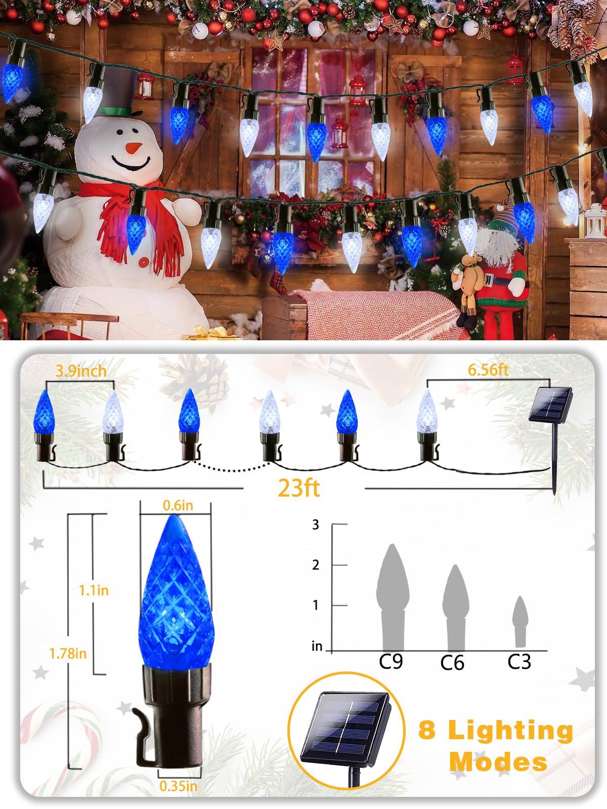 C6 Solar Christmas Lights Outdoor 50 Led 16Ft Christmas Decorations Outdoor Waterproof Solar String Lights For Outside With 8 Modes Fairy Twinkle Light For Tree Garden Xmas Decor (White And Blue)