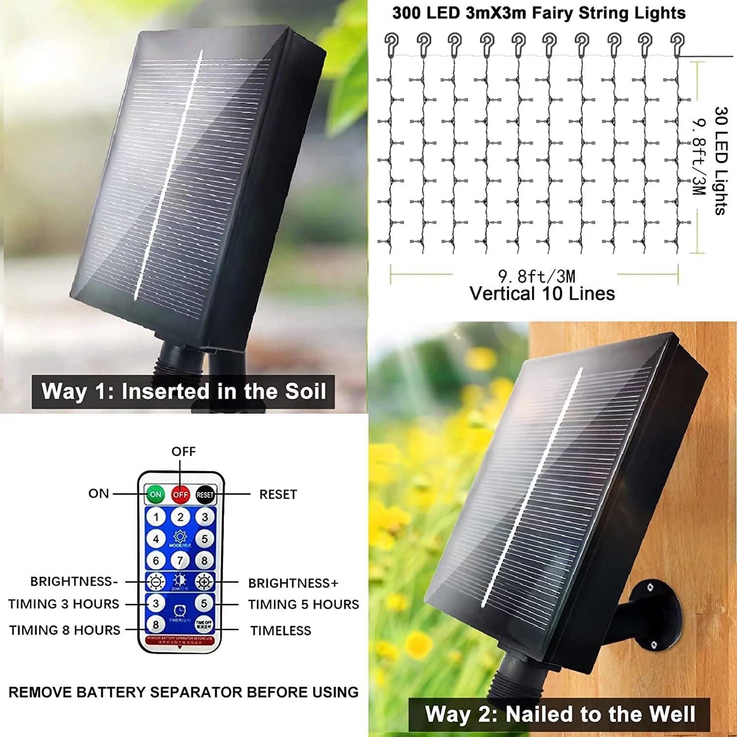 LiyuanQ Solar Curtain Lights, 300 LED, 8 Modes, Waterproof, Warm White, 2 Pack for Outdoor Garden Decoration