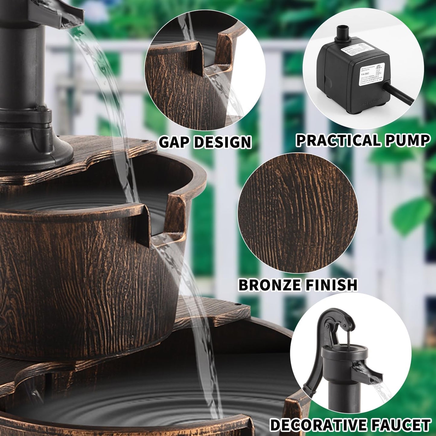 YI 27-Inch 2 Tier Water Fountains Outdoor Waterfall Barrel Fountain Pump Garden 2-Tier Barrel and Pump Waterfall Fountain, Plastic for Garden Patio Backyard Porc