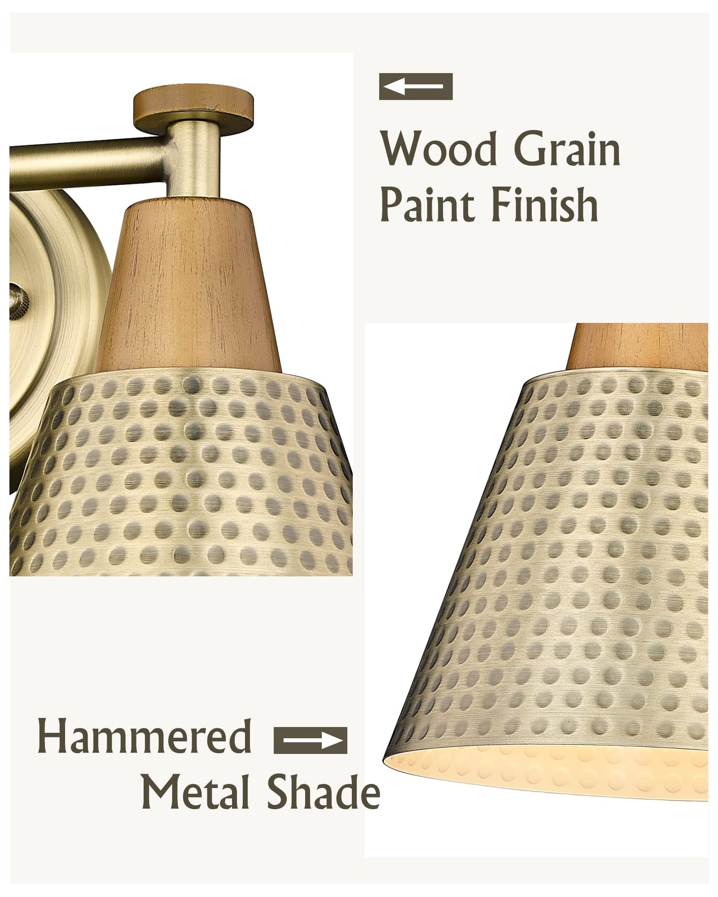 FEMILA 2-Light Bathroom Vanity Light Fixtures, Antique Brass Wall Sconces, Hammered Metal Shade