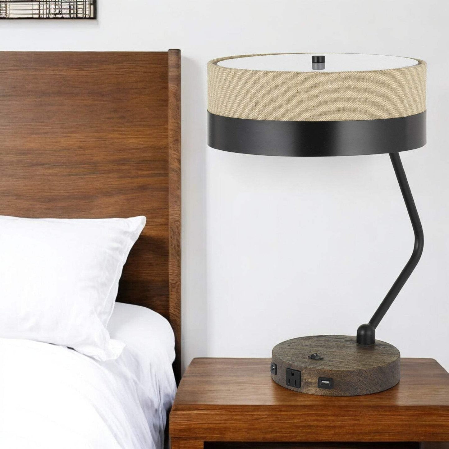 Homeroots 20 In. Metal Desk Lamp - Two Light Usb Table Lamp With Beige Drum Shade, Model 524698, Perfect For Home Office And Study