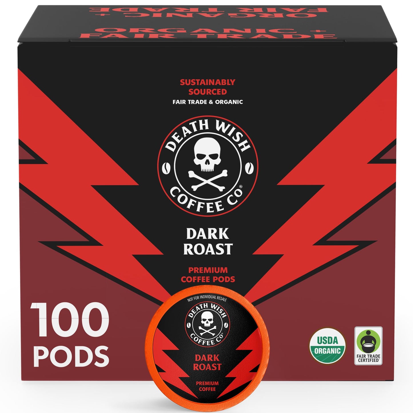 Death Wish Coffee - Single Serve Pods - Dark Roast Coffee Pods - Made with USDA Certified Organic Beans (Dark Roast 100 Count (Pack of 1))