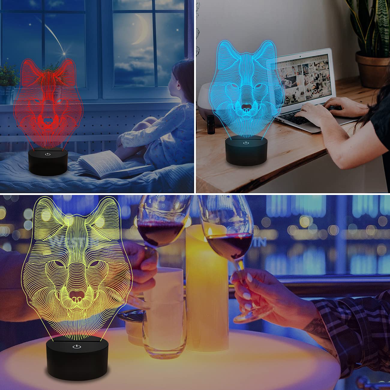 FULLOSUN 3D Wolf Night Light, Acrylic Optical Illusion Lamp, Remote Controller, 16 Color Changing, Model FS-3242, Blue-Wolf